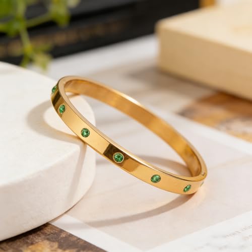 Gold Plated Stainless Steel Bangle Bracelet for Women Green Crystals Cuff | Minimalist Stacking Wristband Gift for Everyday and Formal Dress Wear