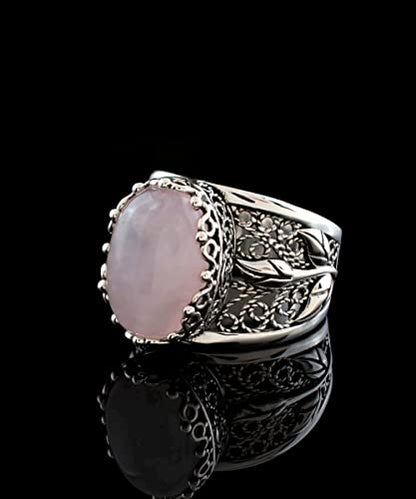 Filigranist 925 Sterling Silver Filigree Art Lace Embroidery Tulip Detailed Gemstone Women Cocktail Ring, Luxurious Gift Boxed - color: Rose Quartz
