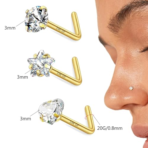 3 Pcs 14K Gold Filled Nose Studs 20G Stainless Steel Stud Nose Ring 2mm/2.5mm/3mm Round CZ L Bend Nose Stud Hypoallergenic Nose Piercing - color: gold mix L