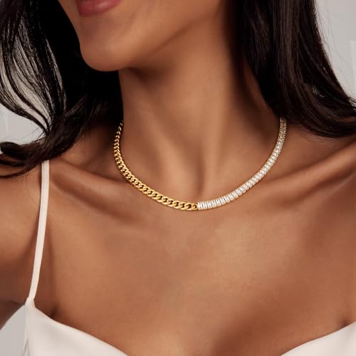 IMBOS 14K Gold Plated Chunky Chain Choker Necklaces for Women Chunky Gold Necklace Tennis Necklace for Women CZ Love Chain Cuban Link Choker Jewelry Gifts - color: Gold-Baguette Cuban