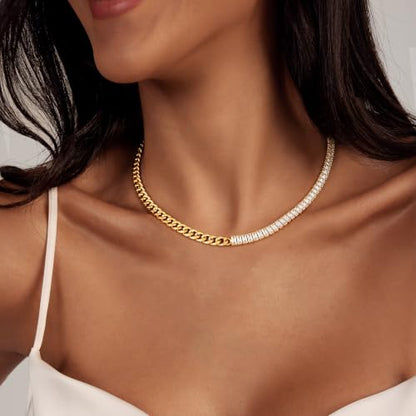 IMBOS 14K Gold Plated Chunky Chain Choker Necklaces for Women Chunky Gold Necklace Tennis Necklace for Women CZ Love Chain Cuban Link Choker Jewelry Gifts - color: Gold-Baguette Cuban