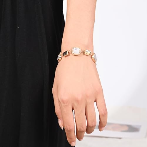 14K Gold & Silver Plated Lightweight Link Bracelet for Women | Stackable Bracelets ,14K Gold Plated Bracelets with CZ,Lightweight Trendy Chain Bracelet Jewelry Gift - style: square&pearl