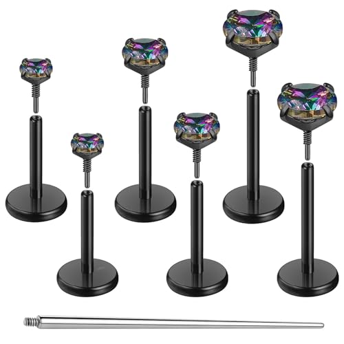 Gotumo 20G 18G 16G Flat Back Earrings Stud Nose Ring Titanium Internal Thread Tragus Labret Cartilage Lip Medusa Conch Body Piercing Jewelry Nose Stud Hypoallergenic for Women Men - color: Black, size: 20G Bar-6/7/8mm & CZ-2/3/4mm