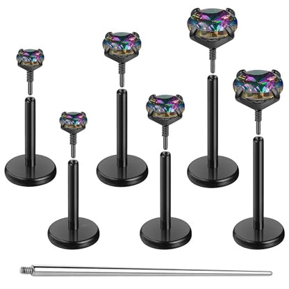 Gotumo 20G 18G 16G Flat Back Earrings Stud Nose Ring Titanium Internal Thread Tragus Labret Cartilage Lip Medusa Conch Body Piercing Jewelry Nose Stud Hypoallergenic for Women Men - color: Black, size: 20G Bar-6/7/8mm & CZ-2/3/4mm