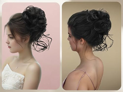 Black Messy Bun Hair Clips with Hair Attached Curly Ponytail Extension Easy Updo Hair Piece for Ladies - color: Natural Black