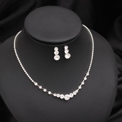 Silver Plated Elegant Necklace Earrings Bride Bridesmaid Jewelry Sets for Wedding Prom Crystal Jewelry Set for Women Costume Accessories - color: 010-Silver Plated