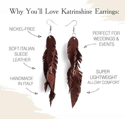 Leather Feather Earrings, Suede layered earrings, boho wedding jewelry, summer earrings, gift for her, dangle earrings - color: dark brown