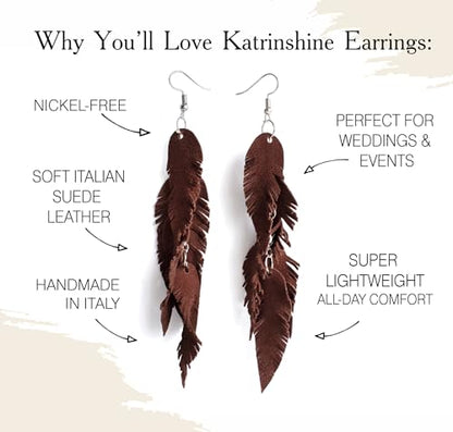Leather Feather Earrings, Suede layered earrings, boho wedding jewelry, summer earrings, gift for her, dangle earrings - color: dark brown