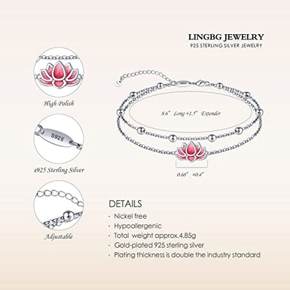 Anklet for Women S925 Sterling Silver Adjustable Foot Charm Ankle Bracelet Anklets Jewelry 9.5-10.5 Inches - color: Yoga Lotus（Pink)