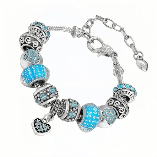 Pink Hearts Silver Plated Charm Bracelet, DIY Jewelry for Women with Beads, Charms, and Adjustable Snake Chain, Fits 7.5"+1.5" - color: Blue, size: 19cm
