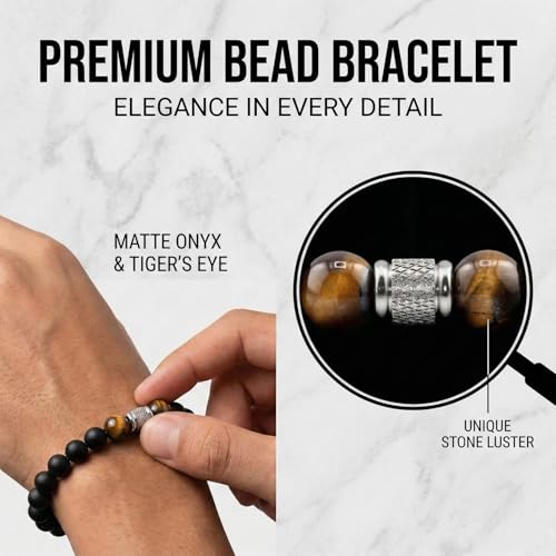 Flybar Men's 4 Piece Beaded Bracelet Set, Natural Lava Stone Black Onyx Matte Agate Tiger Eye, Stretchable Elastic Handmade Stackable - color: MK05 Rock Tiger eye Wood
