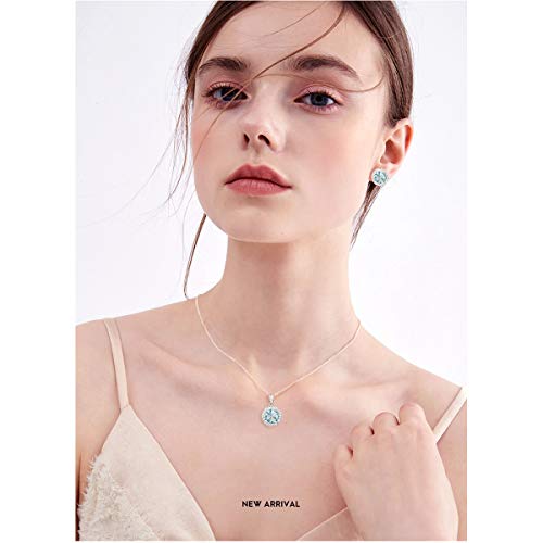 Bridal Crystal Jewelry Set - Sterling Silver Round Cubic Zirconia CZ Rhinestone Halo Birthstone Pendant Necklace Stud Earrings Set for Wedding Bride Bridesmaids Birthday Gift - color: Matine Blue