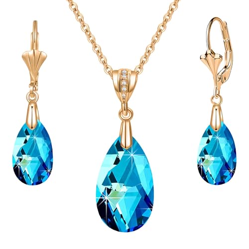 Austrian Crystals Teardrop Pendant Necklace Earrings for Women 14K Gold Plated Hypoallergenic Leverback Drop Dangle Earrings Jewelry Set - color: Bermuda Blue