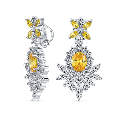 Cocktail Leaf Motif Multi Color CZ Chandelier Clip-On Earrings Silver Plate - color: Yellow