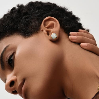 MEVECCO Pave Cubic Zirconia Stud Earrings for Women, 18K Gold Plated Brass | Pave CZ Fronts, Curved Gold Plated Edge Accents, Soft Motifs and Clean Geometric Styles - style: round