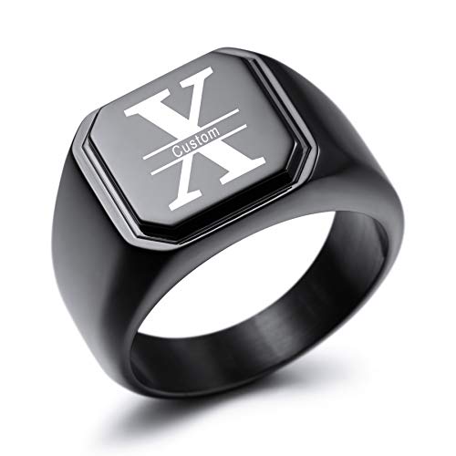 MeMeDIY Personalized Engraved Initial Monogram Signet Ring for Men Women Customize Stainless Steel Wedding Letter Rings Jewelry Bundle with Ring Size Adjusters - color: B2: Black - Initial Name