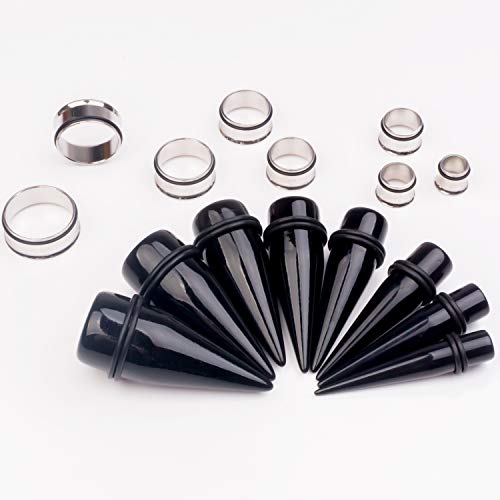 32 PCS 00G - 24mm Ear Taper Kit Gauge Stretching Kit | Hypoallergenic surgical Stainless steel Tapers Tunnels Plugs, body piercing jewelry for women and men - color: Black