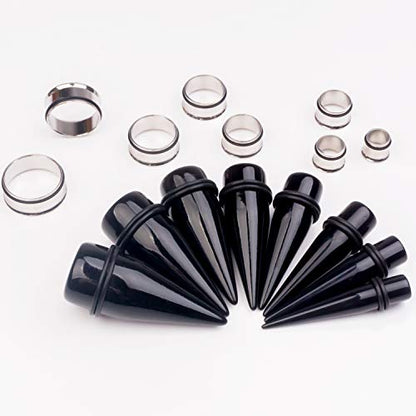 32 PCS 00G - 24mm Ear Taper Kit Gauge Stretching Kit | Hypoallergenic surgical Stainless steel Tapers Tunnels Plugs, body piercing jewelry for women and men - color: Black