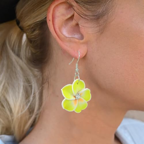 Floral Dangle Earrings for Women Hawaiian Tropical Plumeria Rubra Flower Drop Earrings with Cubic Zirconia Luau Beach Party Vacation Hawaiian Accessories Jewelry Gift - color: Yellow