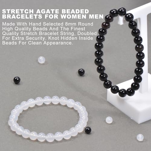 2PCS Agate Bracelet for Women Men Natural Round Beaded Agates Stone Healing Stretch Bracelets Elastic Handmade Polished Gemstone Beads Bracelet - color: Black+White, size: 8mm Beads