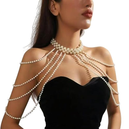 Pearl Beaded Bra Body Chain,Festival Rave Shoulder Chain Wedding Bridal Pearl Tassel Arm Chain Jewelry for Women - color: White