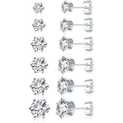 Gemsme 5 Pairs Princess Cut Cubic Zirconia Stud Earrings for Women/Men - 18K Gold Plated Hypoallergenic 3-7mm Square Clear CZ Earring Set - color: White Gold-Round 6 Prong
