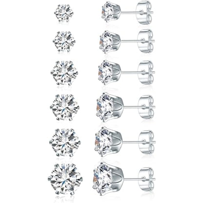 Gemsme 5 Pairs Princess Cut Cubic Zirconia Stud Earrings for Women/Men - 18K Gold Plated Hypoallergenic 3-7mm Square Clear CZ Earring Set - color: White Gold-Round 6 Prong