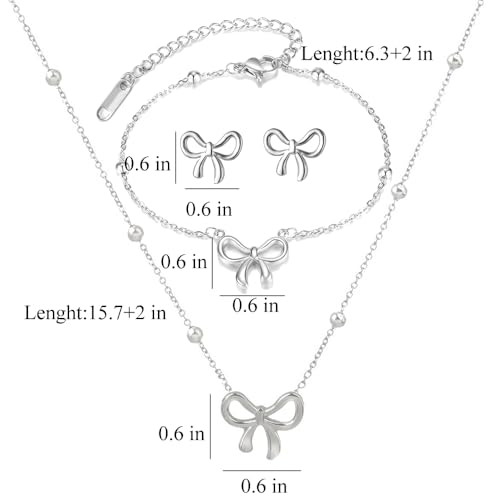Gold Bow Necklace Bracelet Earrings Set for Women Bowknot Choker Necklace Ribbon Stud Earrings Silver Bow Bracelet Christmas Holiday Jewelry - color: Silver