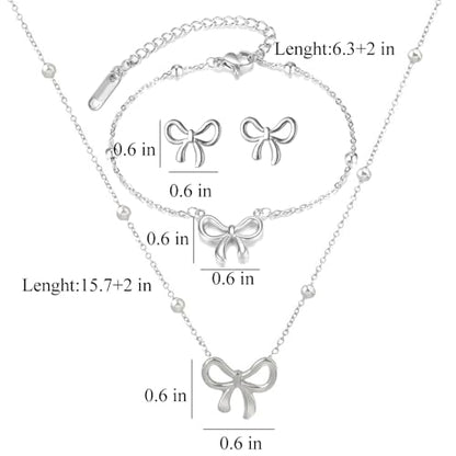 Gold Bow Necklace Bracelet Earrings Set for Women Bowknot Choker Necklace Ribbon Stud Earrings Silver Bow Bracelet Christmas Holiday Jewelry - color: Silver
