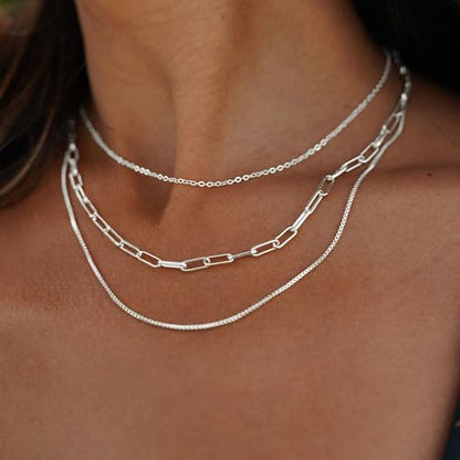 Freekiss Layered Necklace Set for Women Stackable | Herringbone Snake Cuban Rope Chain, Dainty Choker, Layered Stackable, Non Tarnish, Hypoallergenic, Adjustable 14-18.5" - color: Silver, style: Paperclip+O Chain+Box Chain