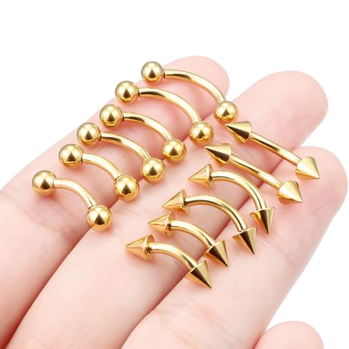 Eyebrow Piercing Jewelry Internally Threaded Surgical Steel Curved Barbell Tiny Eyebrow Ring Vertical Labret Lip Jewelry Ear Rook Navel Small Belly Button Ring for Women Men 18g 16g 14g - color: goldrtone,14g