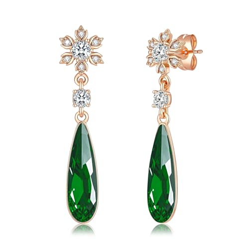 Austrian Crystal Teardrop Earrings Flower Dangle Earrings for Women 14K Gold Plated Drop Stud Earrings Hypoallergenic Jewelry - color: Emerald