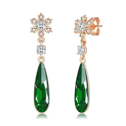 Austrian Crystal Teardrop Earrings Flower Dangle Earrings for Women 14K Gold Plated Drop Stud Earrings Hypoallergenic Jewelry - color: Emerald