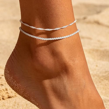 Ritach Gold/Silver Ankle Bracelets for Women 14K Gold Anklets for Women Waterproof Cuban Link Heart Bead Anklets Set Layered Anklet Bracelets for Women Gold Jewelry Gift - color: silver chain