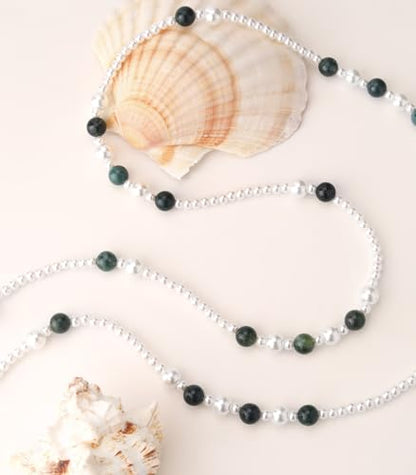 Long Beaded Necklaces for Women Pearl Stone Bead Strand - Layered Sweater Chain Elegant Mother's Day Jewelry Gifts - color: White&Green