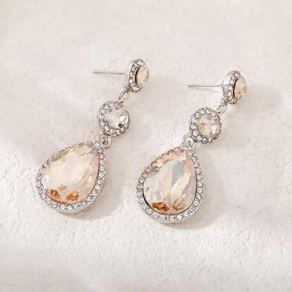 YINLI Elegant Wedding Bridal Crystal Tear Drop Dangle Earrings for Women - color: Champagne,Silver