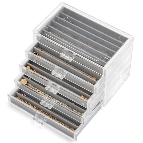 SPAKOWN Necklace Organizer Box with 5 Drawers 30 Compartments | Dustproof Velvet Necklace Tray Acrylic Necklaces Display Case Pendant Chains Storage Tray Gift for Women and Girls (Grey) - color: Grey