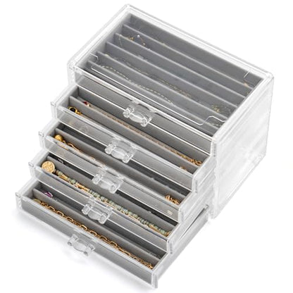 SPAKOWN Necklace Organizer Box with 5 Drawers 30 Compartments | Dustproof Velvet Necklace Tray Acrylic Necklaces Display Case Pendant Chains Storage Tray Gift for Women and Girls (Grey) - color: Grey