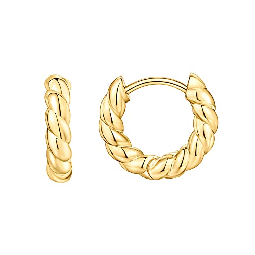 PAVOI 14K Gold Plated 925 Sterling Silver Post Twisted Huggie Earring | Women's Mini Hoop Earrings - color: Yellow Gold, size: 14mm