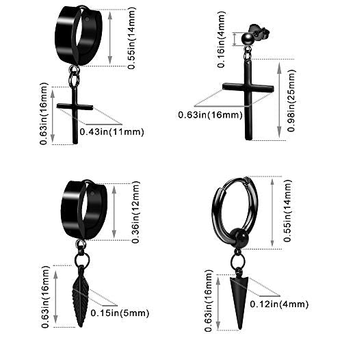 12 Pairs Black Stud Earrings Set for Men and Women - Stainless Steel Cross Jewelry Piercings - color: Black