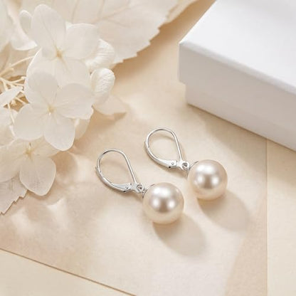 Pearl Leverback Earrings for Women Dangle Round Gemstone Earrings Birthstone Jewelry Gift Anniversary for Her - color: 30 White pearl