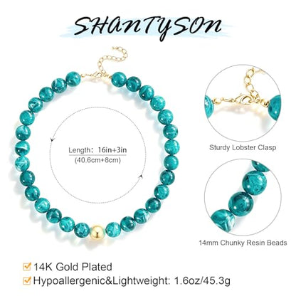 Colorful Chunky Beaded Necklaces for Women Multicolor Large Round Resin Beads Collar Necklace Boho Trendy Statement Chokers Y2K Summer Beach Jewelry - color: Lake Green