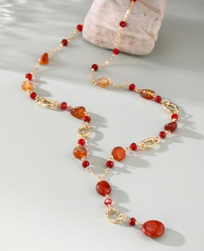 FULU AUTUMN Long Gold Beaded Necklaces for Women Natural Stone Bead Statement Pendant Necklace Y Sweater Chain Fashion Jewelry Gifts - color: Red
