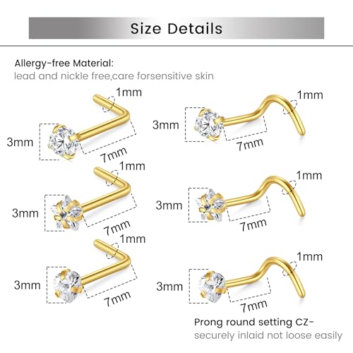 Briana Williams 18G 20G Nose Rings for Women Nose Piercings Nose Rings Hoops Nose Studs Surgical Steel Nose Ring Silver Gold Nose Piercing Jewelry - color: D6 -18g, gold