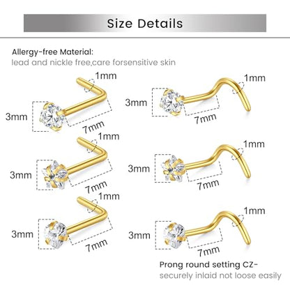 Briana Williams 18G 20G Nose Rings for Women Nose Piercings Nose Rings Hoops Nose Studs Surgical Steel Nose Ring Silver Gold Nose Piercing Jewelry - color: D6 -18g, gold