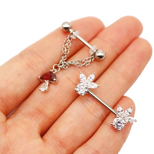 14G Mushroom Chain Nipple Rings for Women Girls 316L Stainless Steel Dangle Nipple Barbell Nipple Studs Rings Nipple Piercing Jewelry, Red, Silver