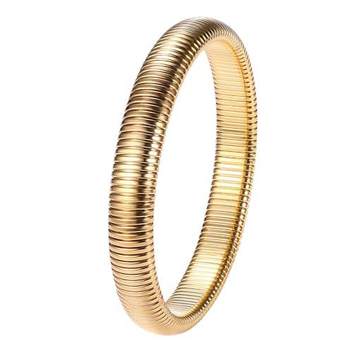 NMQLX Women's Elastic Bangle Bracelets: Stainless Steel Gold Chunky Wristband Bracelets - color: Gold - 10mm