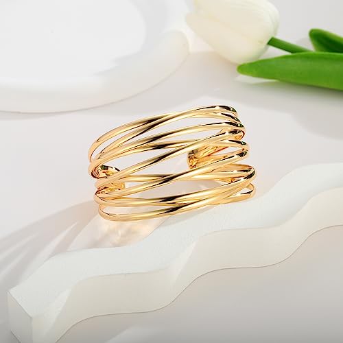 Gold Cuff Bracelet for Women Chunky Multi-layer Cross Wire Open Bracelet Hollow Wide Cuff Bracelets Adjustable Gold Open Cuff Bangle Bracelet - color: Wide Wire Gold Bracelet