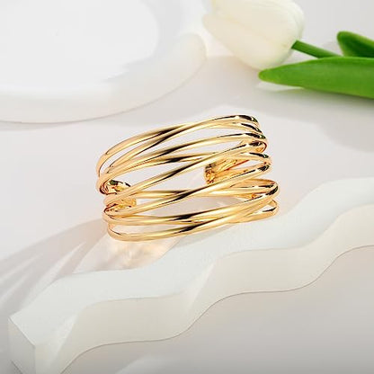 Gold Cuff Bracelet for Women Chunky Multi-layer Cross Wire Open Bracelet Hollow Wide Cuff Bracelets Adjustable Gold Open Cuff Bangle Bracelet - color: Wide Wire Gold Bracelet