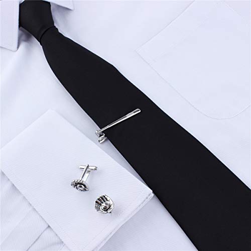 HAWSON Metal Cufflinks and Tie Clip Set for Men Novelty Cuff Links and Tie Bar Gifts for Wedding Level,Football, Musical Symbols Designs - color: Silver Baseball